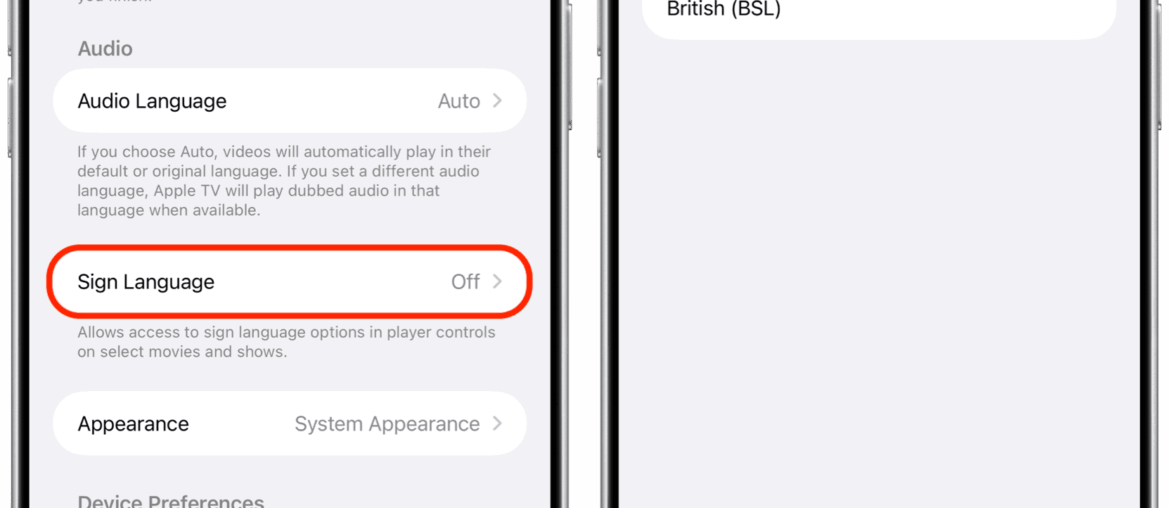 Turn on Sign Language in Apple TV settings on iPhone