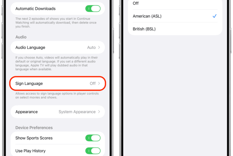 Turn on Sign Language in Apple TV settings on iPhone
