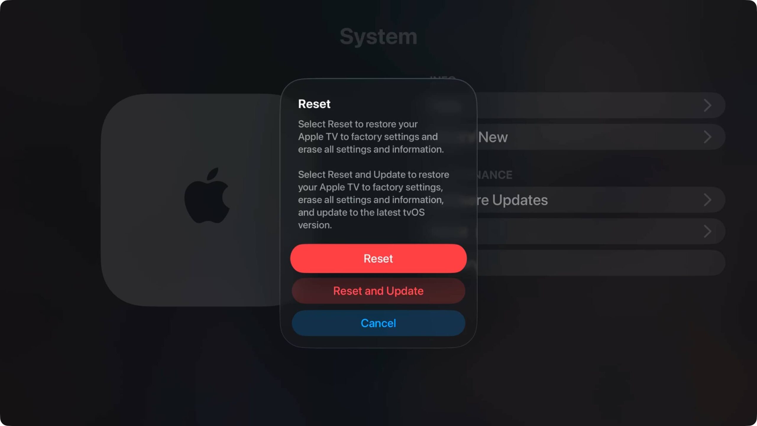 Resetting Apple TV from settings