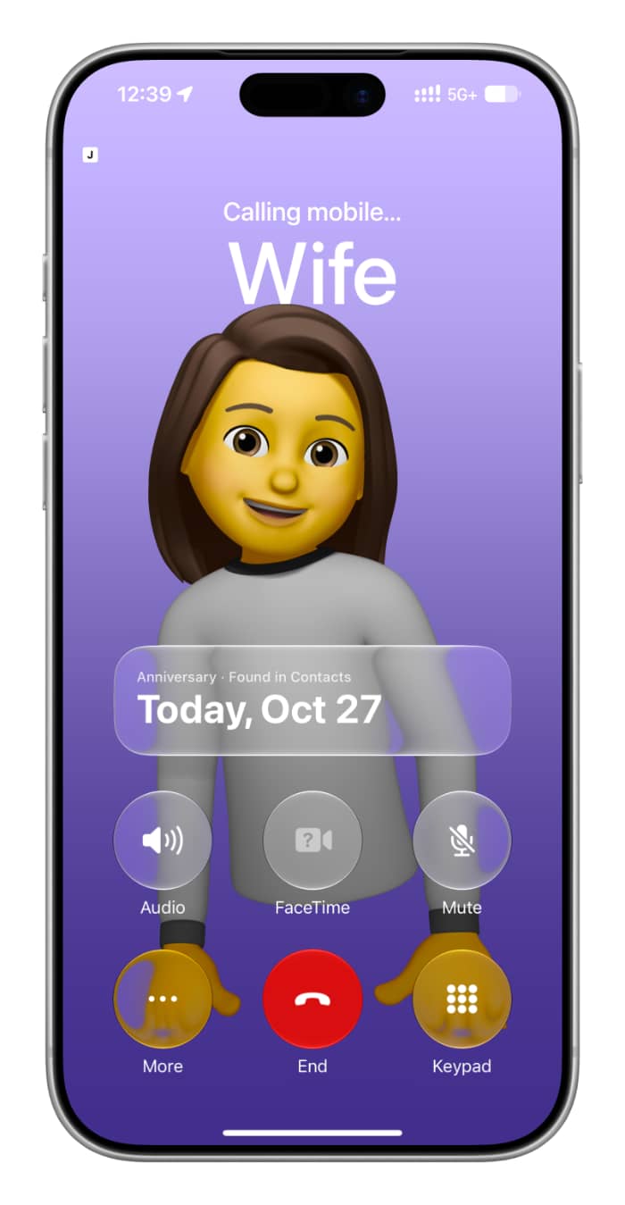 Anniversary date card on iPhone during phone call