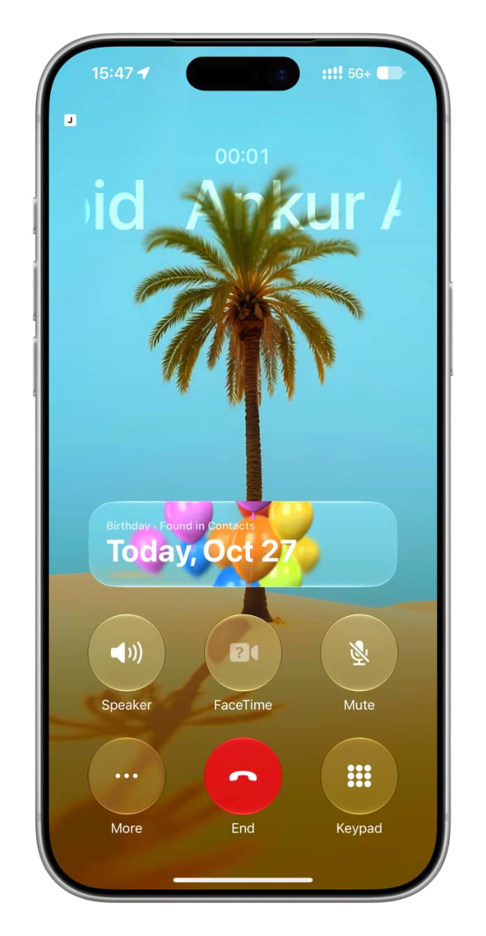 Birthday date card on iPhone during phone call