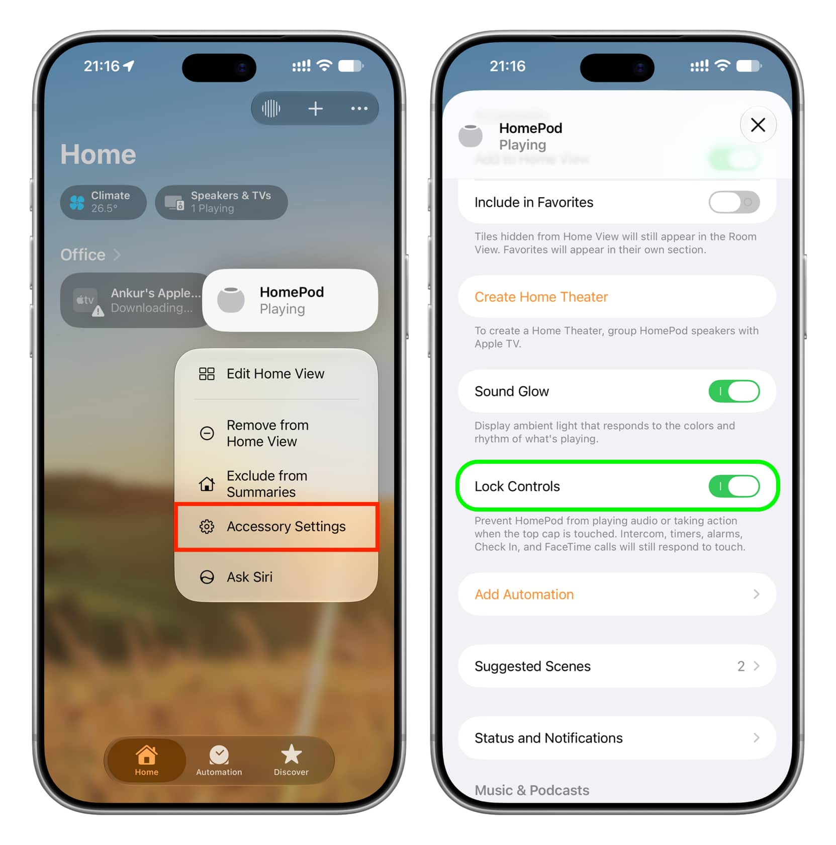 Lock Controls enabled for HomePod in iPhone Home app settings