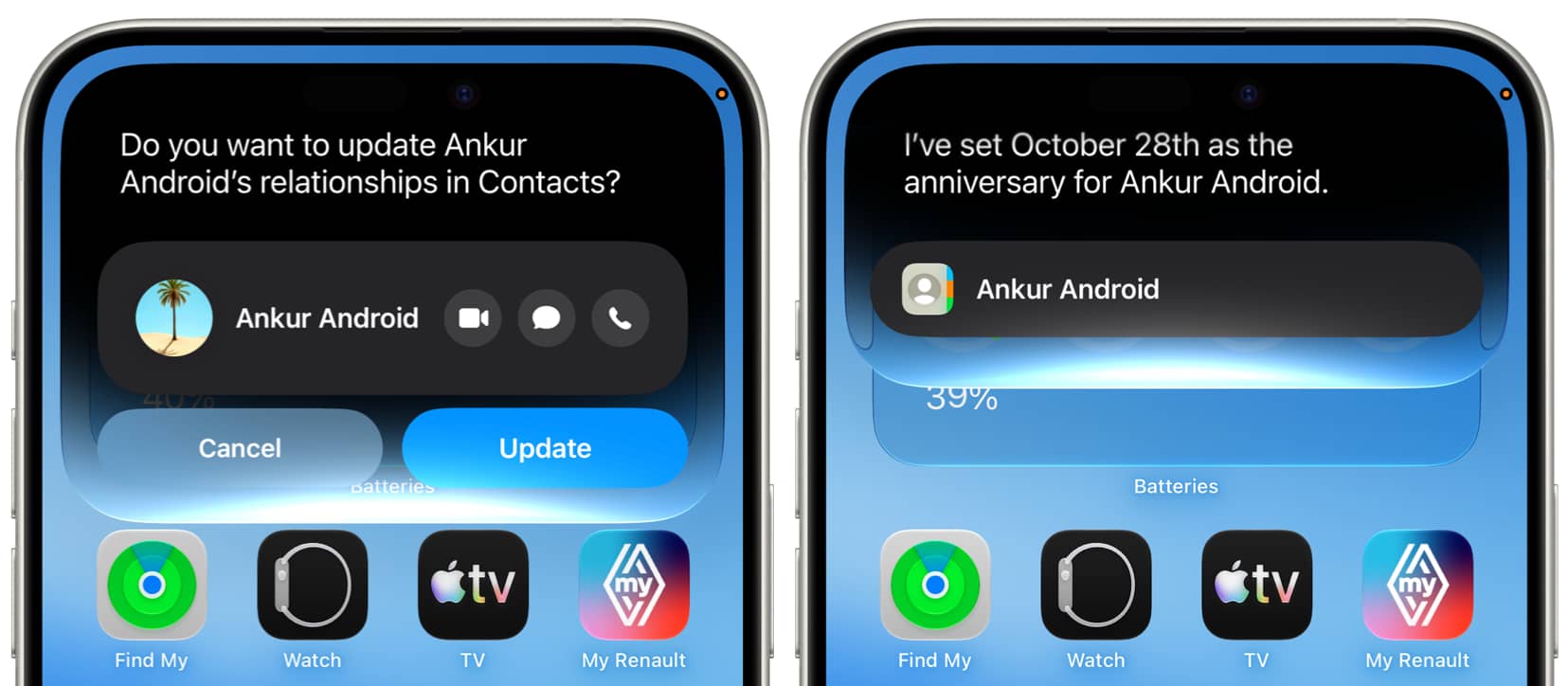 Asking Siri in iOS 27 to update anniversary for a contact