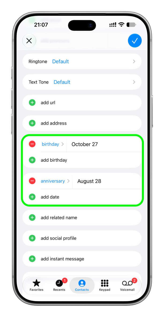 Adding birthday to contact card on iPhone for call context to work