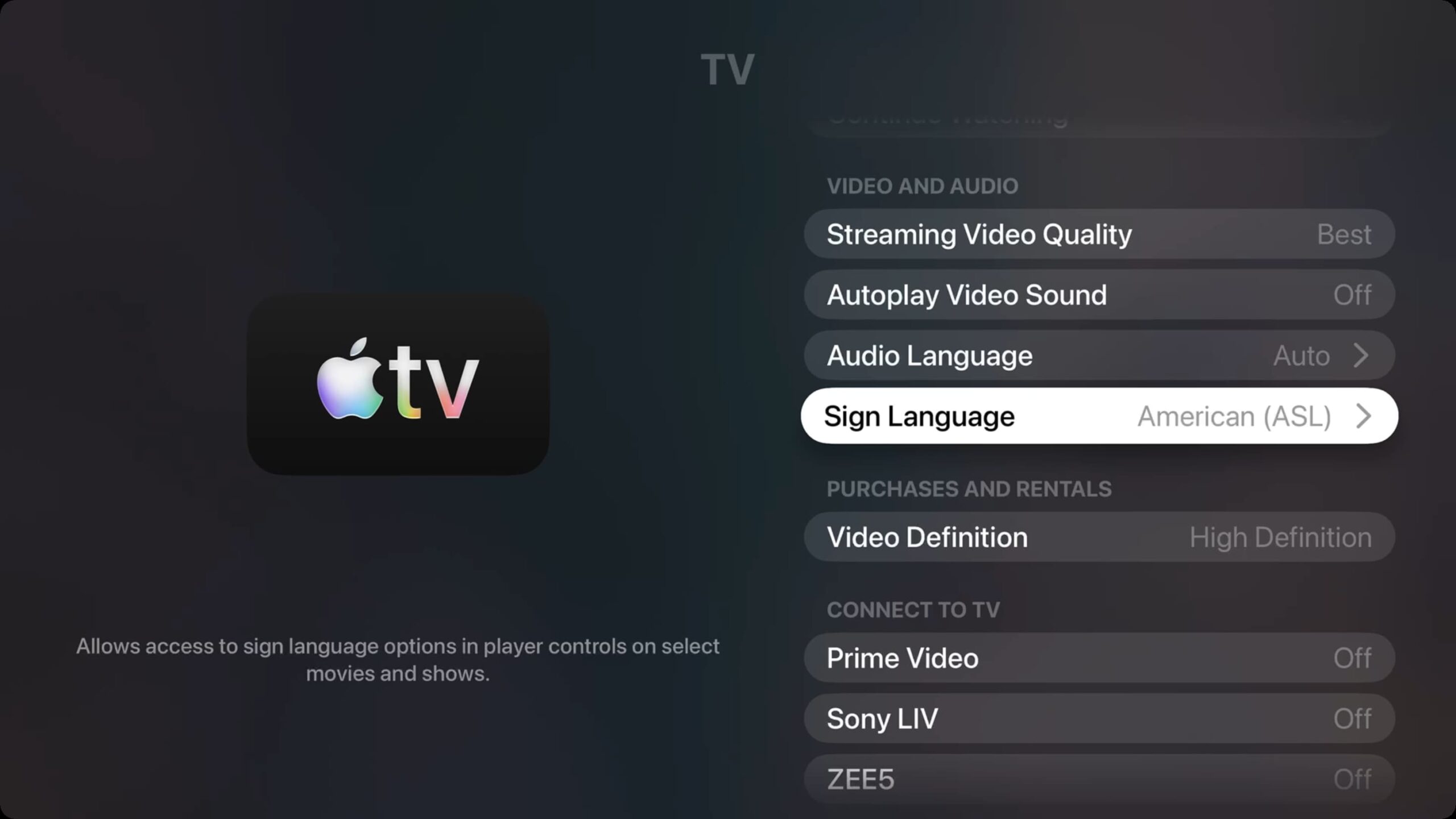 Turn on Sign Language in TV settings on Apple TV