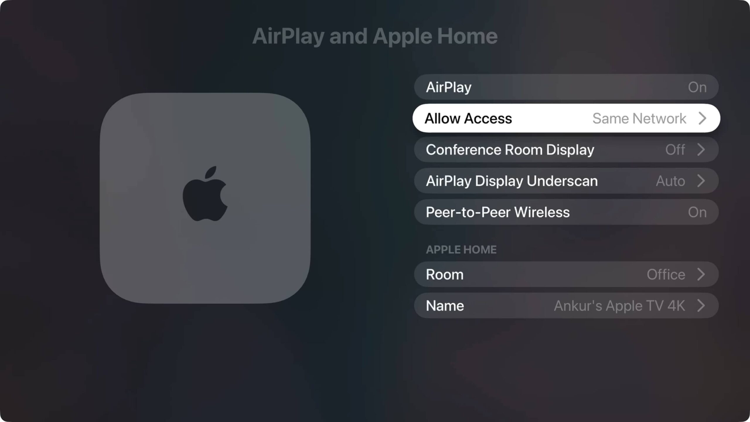 Apple TV AirPlay Allow Access set to Same Network