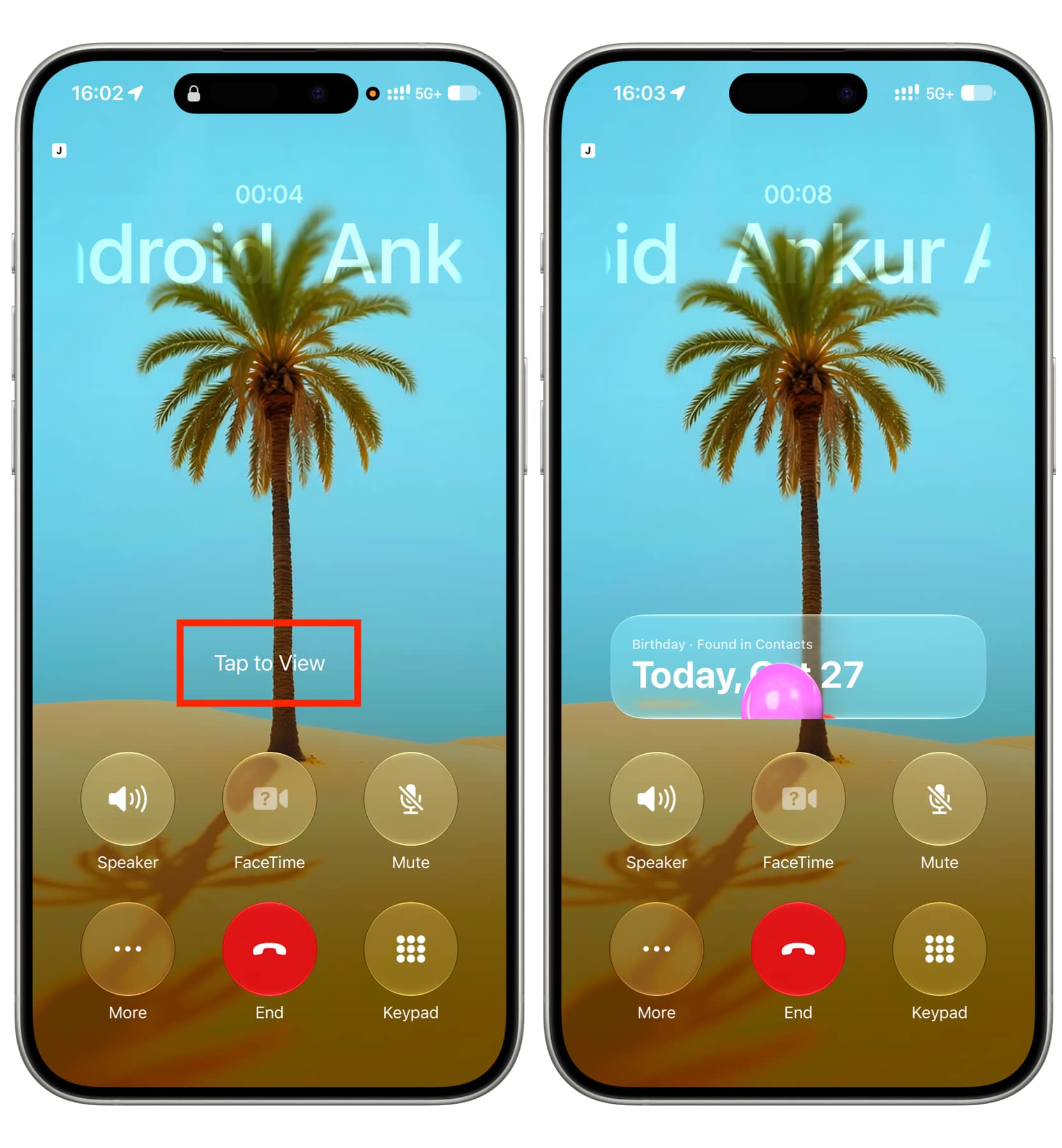 Tap to View birthday card when on call on iPhone