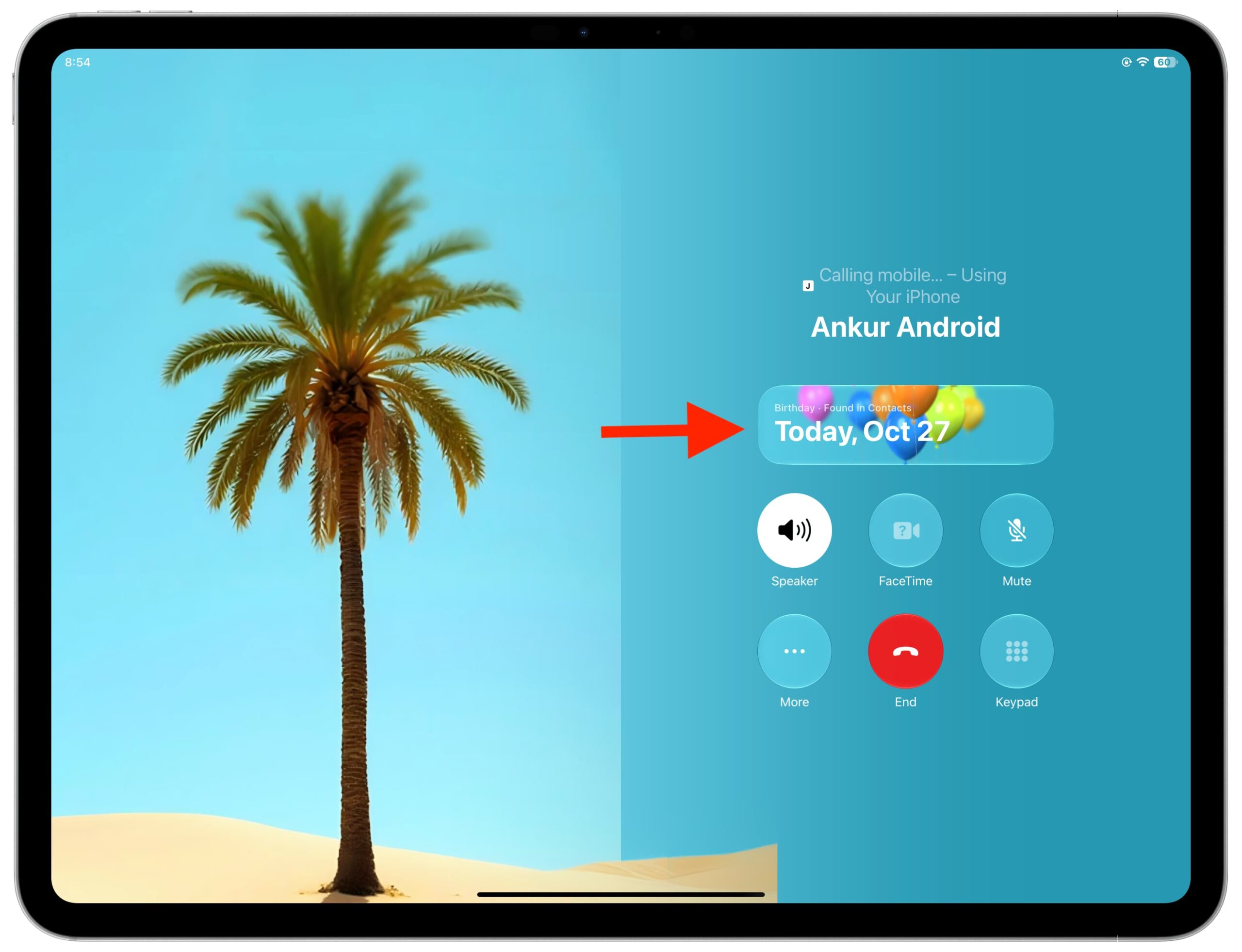 Birthday call context card on iPad