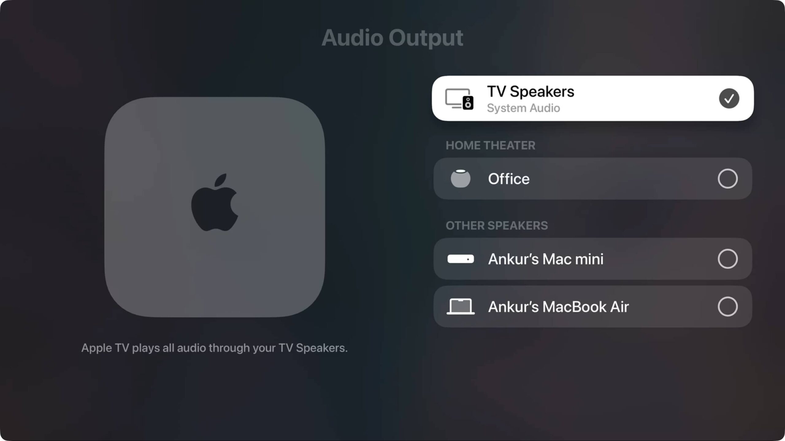 TV Speakers set as default speaker for Apple TV