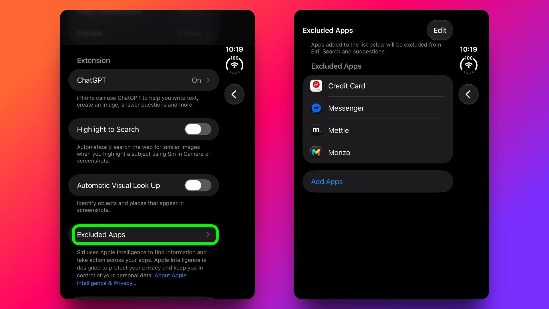 excluded apps settings