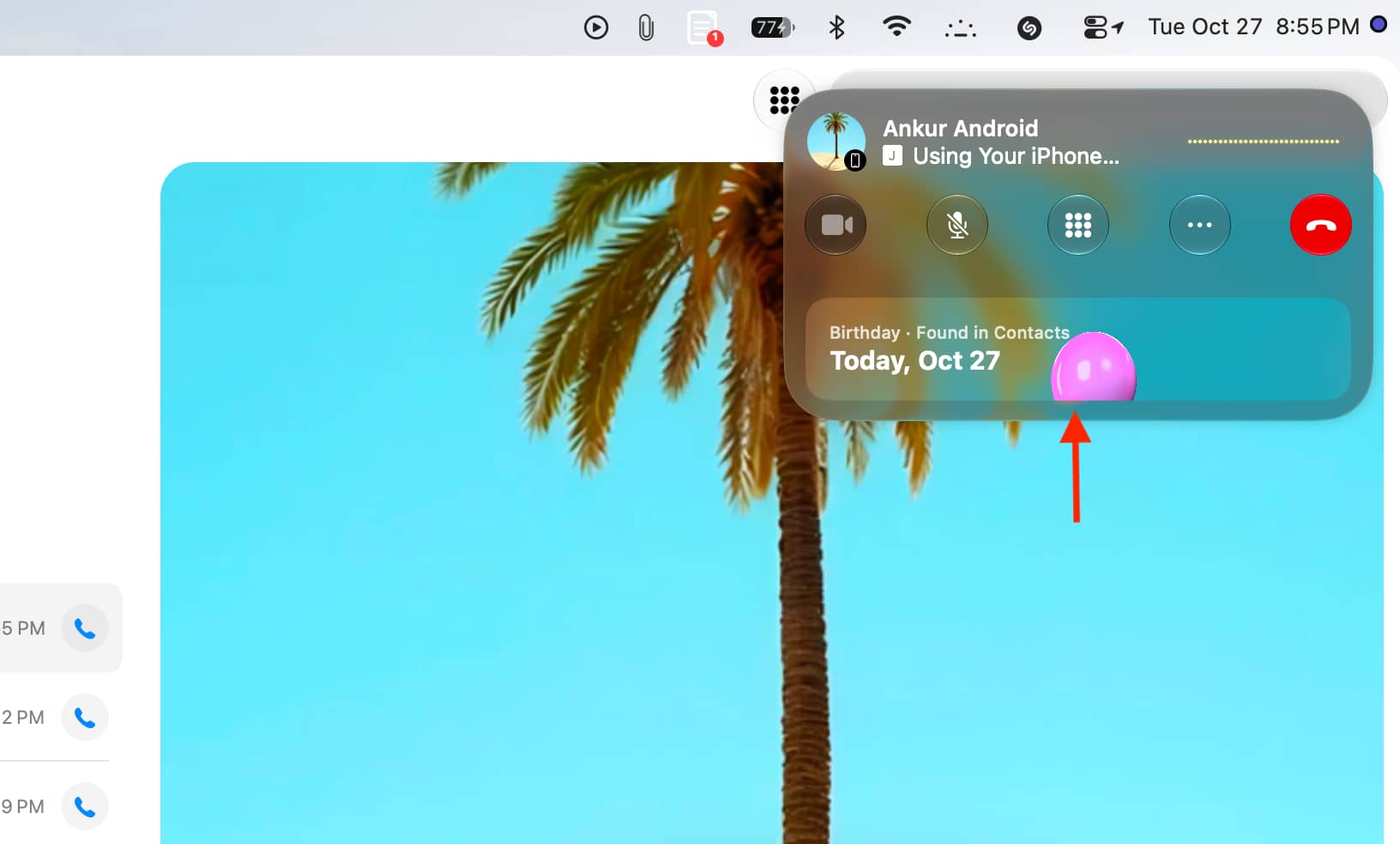 Birthday call context card on Mac