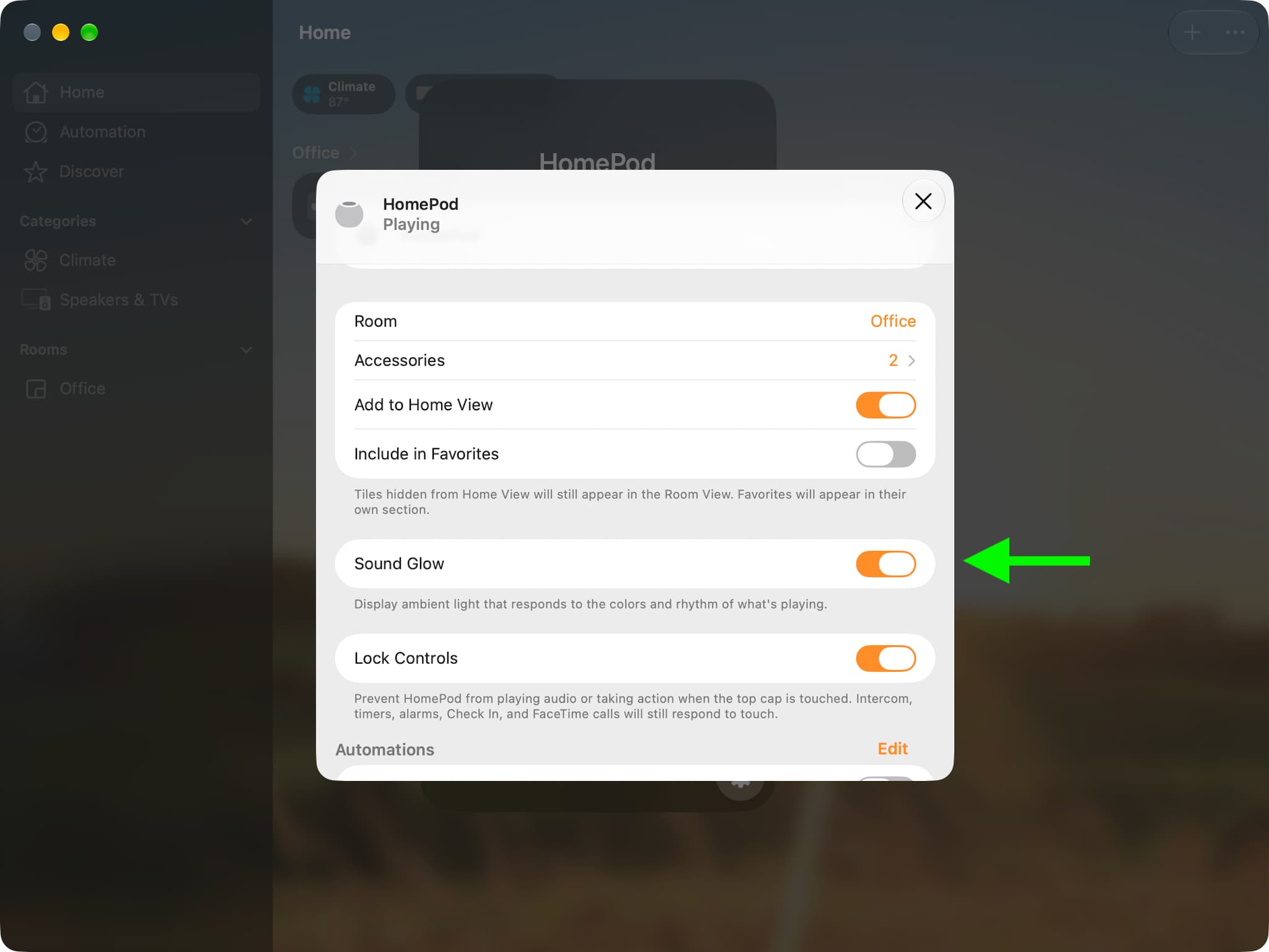 Sound Glow in Mac Home app settings